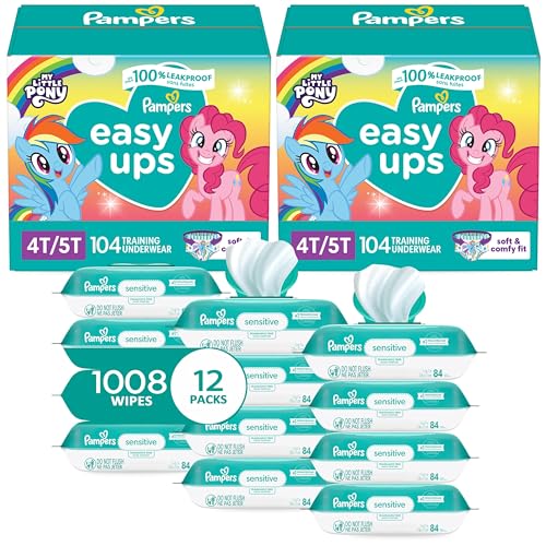 Pampers Easy Ups Pull On Training Underwear Girls, 4T-5T, 2 Month Supply (2 x 104 Count) with Sensitive Water Based Baby W...