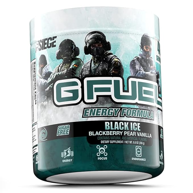 G Fuel Rainbow Six Energy Drink Powder, Pre Workout Caffeine Mix for Gaming, Sugar Free Focus Amino, Vitamin + Antioxidants, 9.8oz (Blackberry Pear Vanilla, 40 Servings)