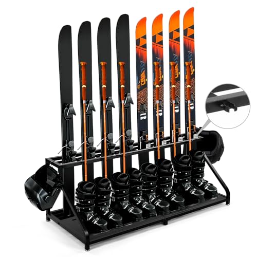 SILKPE Freestanding Snowboard Ski Storage Rack – Inclined Design, No Tipping Over, for 8 Pairs Ski, 4 Pairs Ski Boots, 2 H...