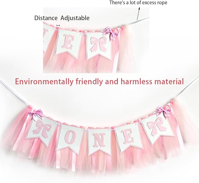 Pink Bowknot One Birthday Highchair Banner - Girl 1st Birthday High Chair Banner, Party Decoration Photo Props, Cake Smash