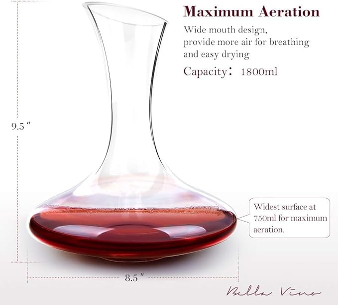 Large Elegant Red Wine Decanter Aerator Pourer - 100% Hand Blown Lead-Free Clear Crystal Glass - Wine Carafe Bottle, Wine Lovers Accessory Gift - 1600ml.