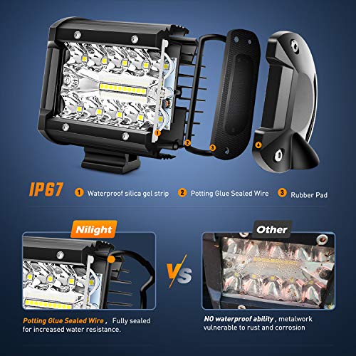 Nilight 4Pcs LED Pods 4Inch 60W Triple Row Flood Spot Combo 6000LM Light Bar Driving Fog Lights Off Road Lighting for Truc...