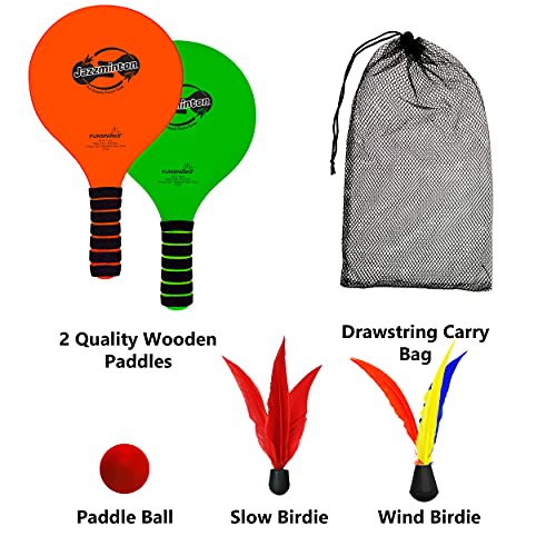 Jazzminton Paddle Ball Game Beach for Family and Friends - 2 Paddles, 2 Birdies, 1 Ball and Carry Bag – Wind Birdie Includ...