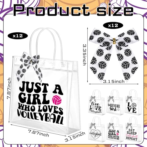 Vicenpal 12 Sets Clear Volleyball Gift Bag with Handles 12 Pcs Bows PVC Plastic Volleyball Treat Goodie Snack Bags 7.9 x ...