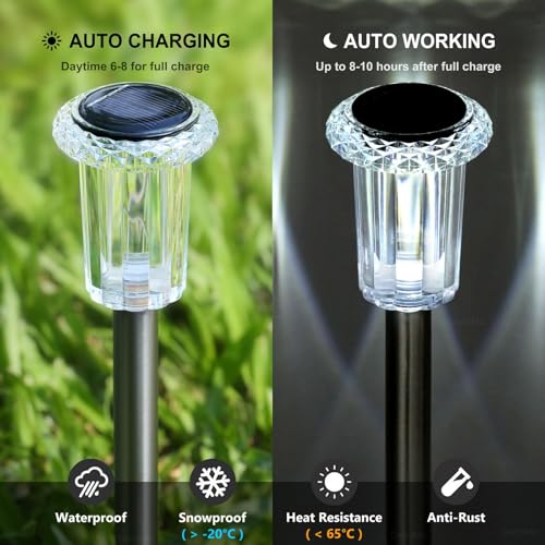 DenicMic Solar Lights Outdoor 10 Pack Waterproof 6000K Cold White LED Stainless Steel Stake Outside Lights for Yard Pathwa...