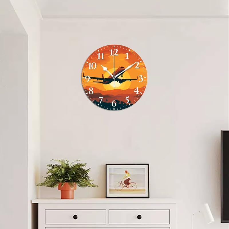 Sunset Wall Clock Non-Ticking Silent Clocks Battery Operated Analog Decor Clock for Home-Illustration of Airplane Flying Over The Sunset(16inch)
