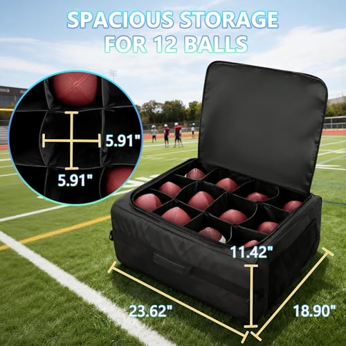 Football Bag Holds 12 Official-Size Footballs, 12-Compartment Ball Carrier with Dividers, Top-Open Organizer Case with Sho...