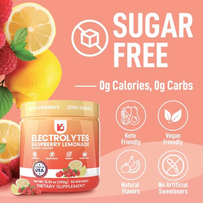 Keppi Electrolytes Powder – Raspberry Lemonade Flavor 50 Servings – No Sugar Hydration Supplement with Magnesium, Potassiu...