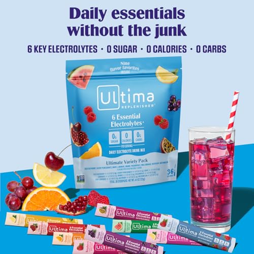 Ultima Replenisher Daily Electrolyte Powder – Ultimate Variety Pack, 36 Stickpacks – Zero Sugar Hydration Packets with 6 E...