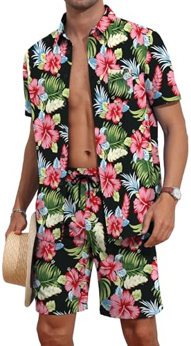 YTD Mens Flower Hawaiian 2 Piece Outfit Sets Short Sleeve Beach Casual Button Down Shirt and Shorts Suits