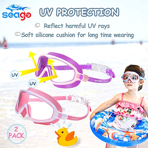 Seago Swim Goggles 2 Pack Anti-Fog Anti-UV Wide View Swimming Goggles for Kids 3-14