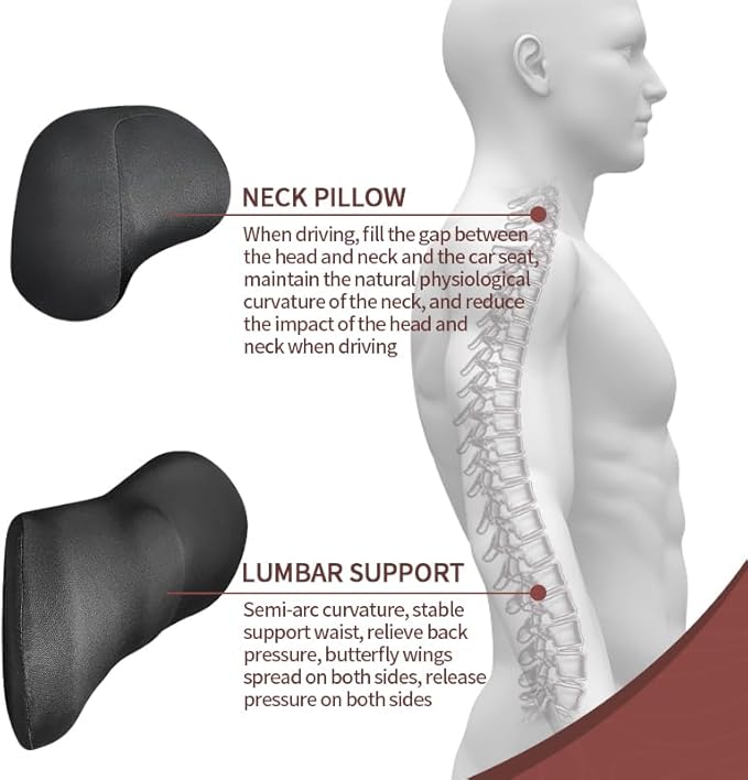 Car Lumbar Support and Car Neck Pillow Kit - Memory Foam Ergonomic Back Cushion - Relieve Driving Fatigue - Comfort and Support Your Neck and Back - Suitable for Car Seats (Set)