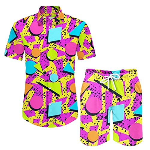 Arssm Mens 2 Pieces Vintage Shirts and Shorts Set 80s 90s Outfit Button Down Beach Suit Quick Dry for Vintage Halloween Party