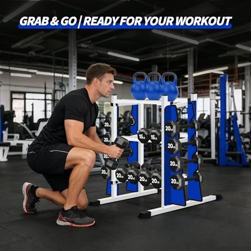 Adjustable Dumbbell Rack, 3-Tier Holder with Double Side Extension Fit Different Weight Dumbbells & Kettlebells, Heavy-Dut...