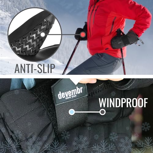 devembr Three-Finger Ski Gloves with Wrist Guards, Warm Snowboarding Gloves (Black/Gray)