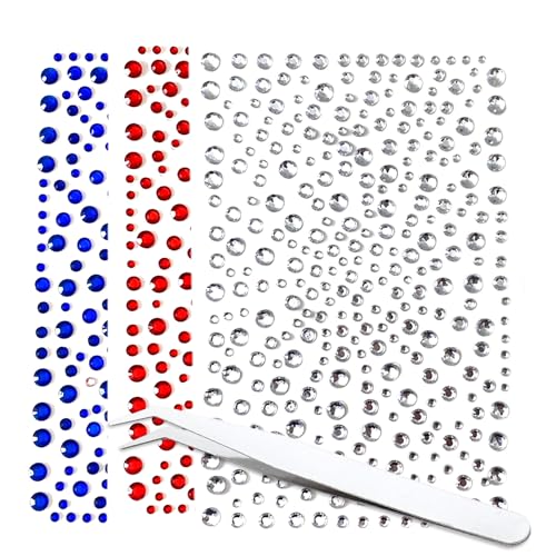4th of July Face Gems with Tweezers Red White and Blue Tattoos Accessories Self-Adhesive Jewels Stickers for Women Girls 4...