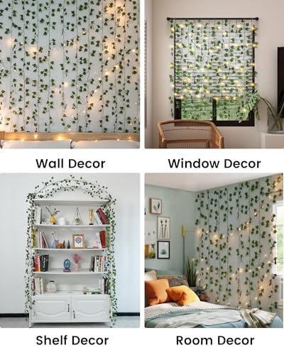 JACKYLED 84Ft 12 Pack Artificial Ivy Garland Fake Plants, Ivy Vines Leaves with CE Certified 80 LED String Lights, Hanging...
