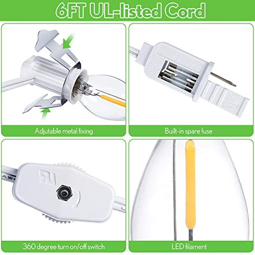 Hiboom 4-Piece Accessory Cord with LED Light Bulb, 6Ft Christmas Village Lights, On/Off Switch, White Plastic