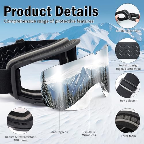 VEWOE Ski Goggles for Men Women,Anti Fog UV Protection Snowboard Goggles for Adult & Youth,OTG Snow Skiing Goggles