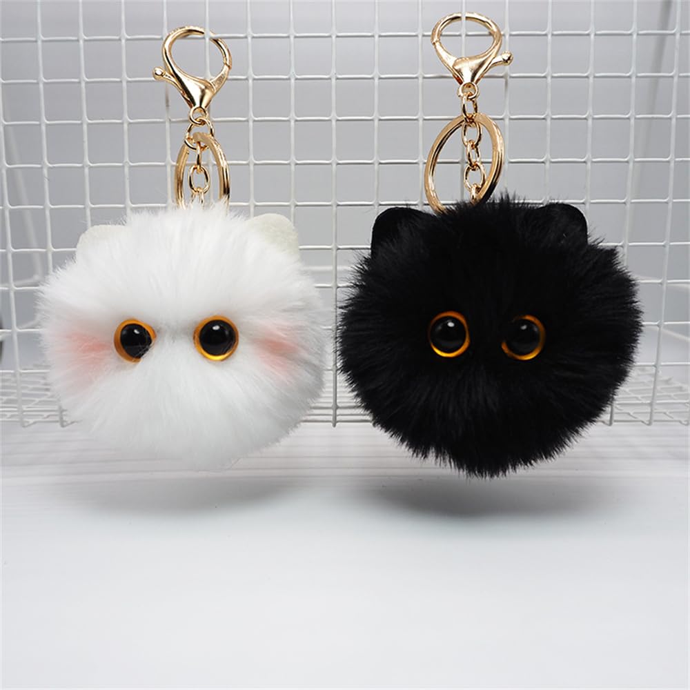 Cute Cat Pom Pom Keychain Cat Fluffy Plush Charm Keyring for Bag Purse Car Backpack Accessories-Black