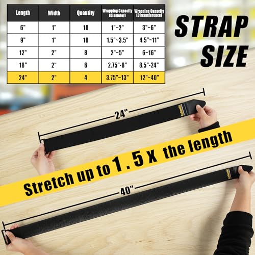 LuBanSir Cinch Straps, 2" x 24" (4 Pack) Elastic Hook and Loop Storage Strap for Extension Cord, Cable, Cord Wrap, Rope an...