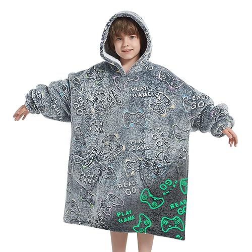 Fiosnow Glow in the Dark Game Controller Blanket Hoodies for Kids 6-13YR Oversize Wearable Blanket Hoodies for Boys Girls ...