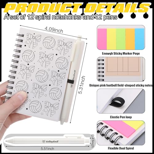 Resurhang 12 Sets Volleyball Notebook Gifts Volleyball Bow Coquette Spiral Notebook Ballpoint Pens for Coaching Supplies C...