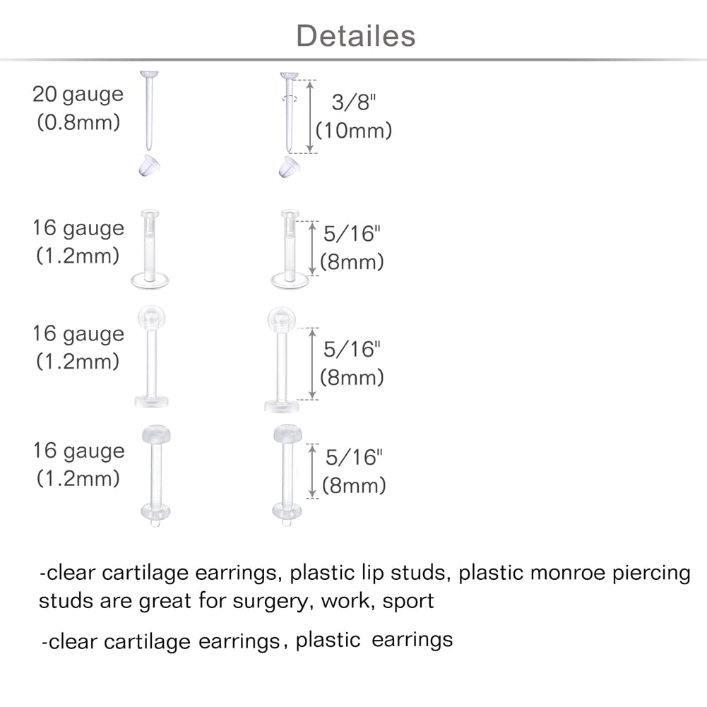 MODRSA 16g 20g Clear Cartilage Earrings Stud Plastic Earrings Clear Lip Rings Push on Plastic Medusa Labret Piercing Retainer Fl