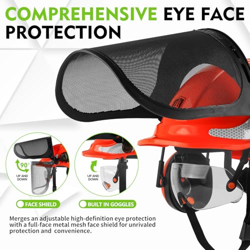 GREEN DEVIL Chainsaw Safety Protective Helmet Forestry Helmet with Build-in Visor Mesh Face Shield Ear Muffs 4 in 1 Ideal ...