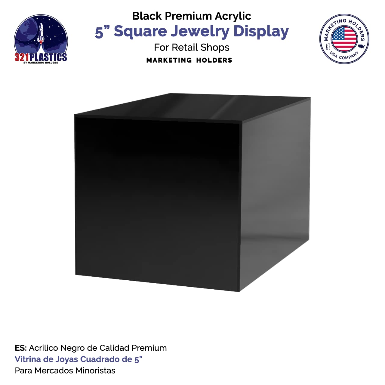 Marketing Holders 5 Acrylic Display Riser Box with One Open Side No Lid Versatile Preassembled Glossy Black Square Lucite Retail