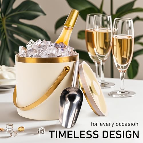 3L beige white Double Wall Insulated Stainless Steel Ice Bucket with scoop for Cocktail Bar,Metal Ice Bucket for freezer w...