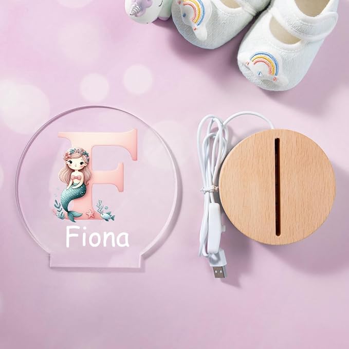 Personalized Mermaid Girl Night Light, Custom Name Acrylic LED Light 37 Patterns Option Nursery Decoration