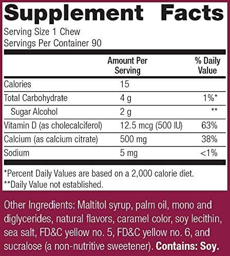 Bariatric Advantage Calcium Citrate Chewy Bites 500 mg - for Bariatric Surgery Patients - Vitamin D3 - Sugar-Free Chewable Calcium Supplement - Bariatric Chews - Caramel Flavor - 90 Count