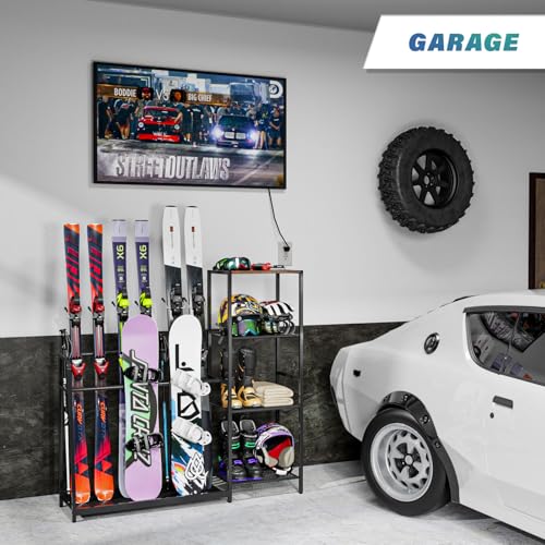 Lurgno Freestanding Snowboard Rack - 4 Pair Ski, 3 Pack Snowboard, Boot, Pole, Goggles, Helmet Rack for Garage, Shed, Base...