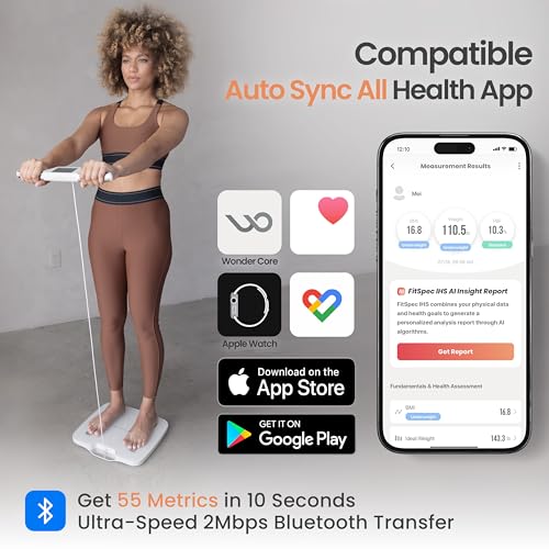 Wonder Core FitSpec - Smart Scale with AI Analysis, 55 Metrics Body Composition for Body Fat, BMI, Muscle Mass, 8 Electrod...