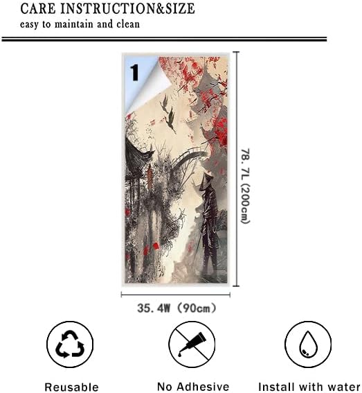 Vintage Japanese Samurai Air Window Film Watercolor Ink Ancient Cherry Blossom Red Sunblackout Window Film,Playroom Window Film 35.4Wx78.7L-Inch X1Pcs