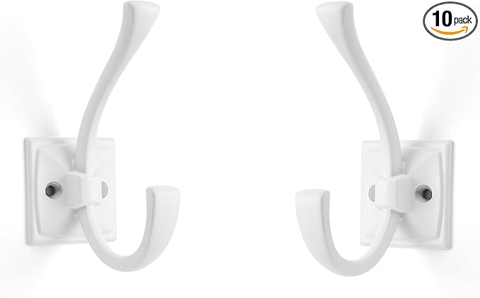 Large Wall Hooks 10 Pack White Coat Hooks Hardware Towel Hooks for Hanging Coats 4.35 Inch Double Robe Hooks Wall Mounted with Screws for Key, Towel, Bags, Cup, Hat