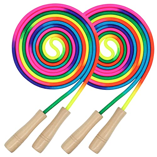 16 FT Long Jump Rope for Kids, 2 Pack Adjustable Double Dutch Skipping Rope with Wooden Handle, Multiplayer Rainbow Jumpin...
