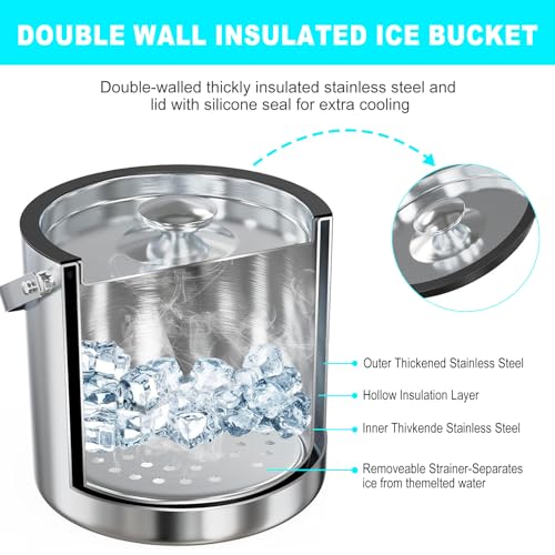 Abizarch Ice Bucket with Lid Strainer Tong,2QT Double Walled Stainless Steel Insulated Ice Bucket Container,Good Sealing I...