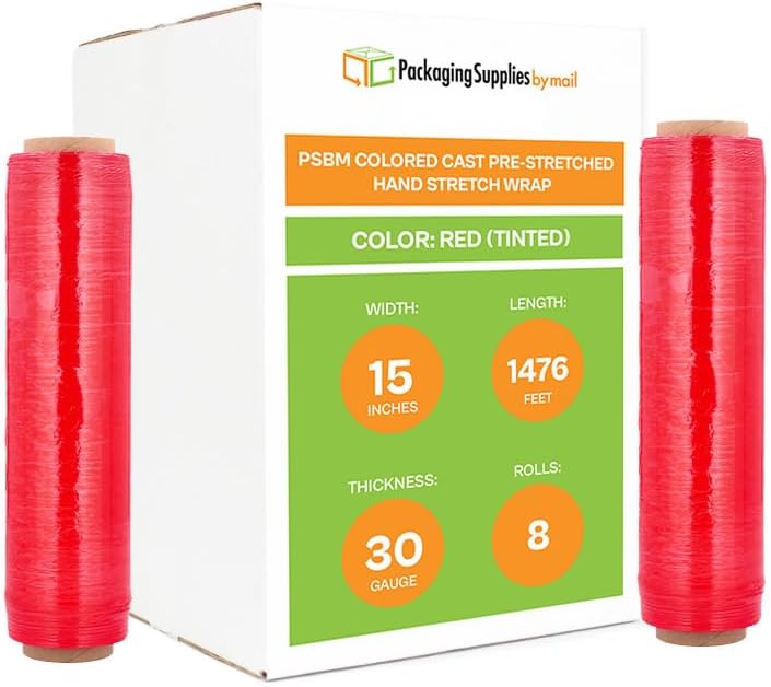 PSBM Red Stretch Wrap, 15 Inch x 1476 Feet, 8 Pack, Tinted Pre-Stretched Shrink Wrap Film for Moving, Packaging, Pallet Wrapping
