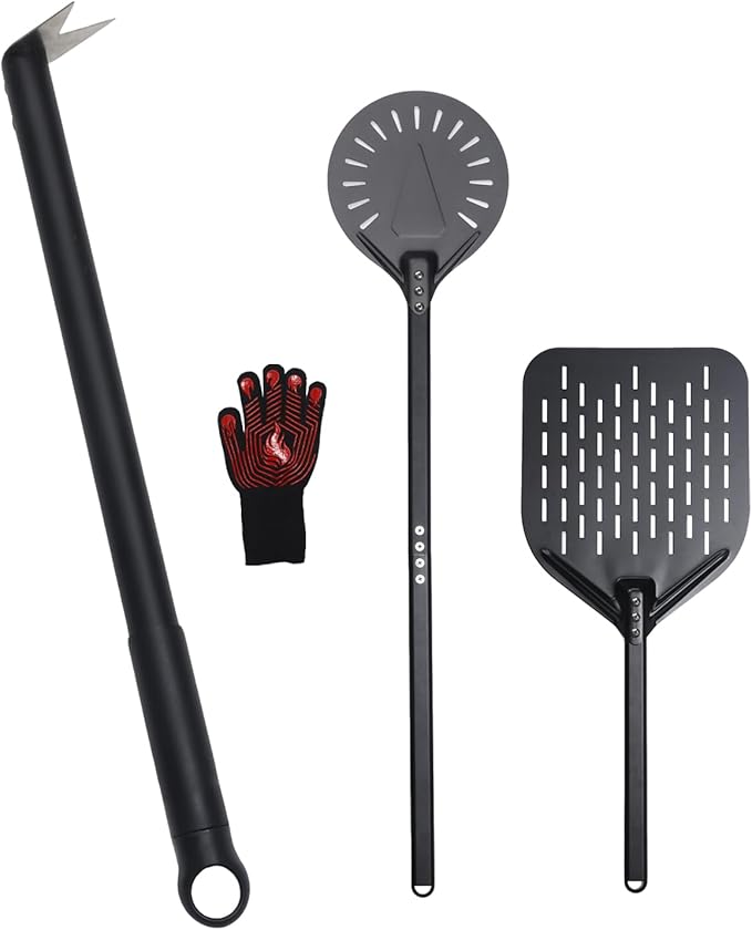 4PCS Perforated Pizza Peel 9&12 Inch, Heat-Resistant Oven Mitts, Bubble Spinner Turning Fork Pizza Peel Oven Tool Kit with 40 Inch Aluminum Handle for Home & Outdoor Pizza Ovens