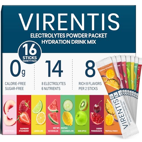 VIRENTIS 16 Sticks Electrolytes Powder Packets Sugar Free Hydration Packets, 8 Flavors Liquid Daily IV Electrolyte Drink M...