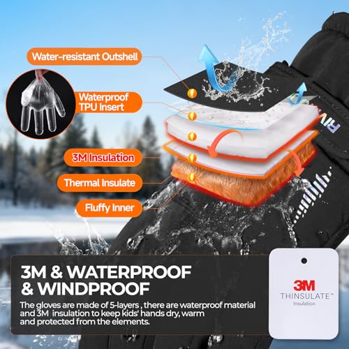 rivmount Kids 3M Winter Ski Snowboarding Snow Gloves Warm Thermal Waterproof Windproof Touchscreen for Boys Girls in Cold ...