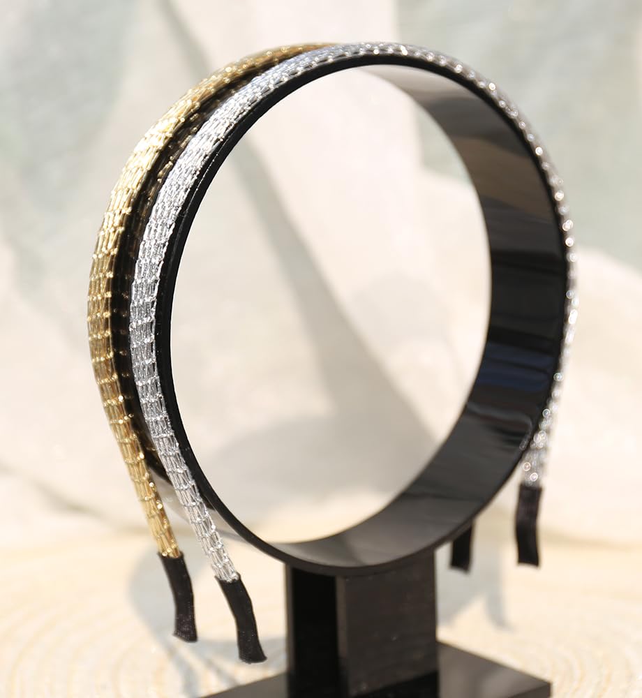 YARN & INK Women's Thin Mesh Headbands, 2 Pcs Gold Silver Metal Hair Accessories for Daily Wear
