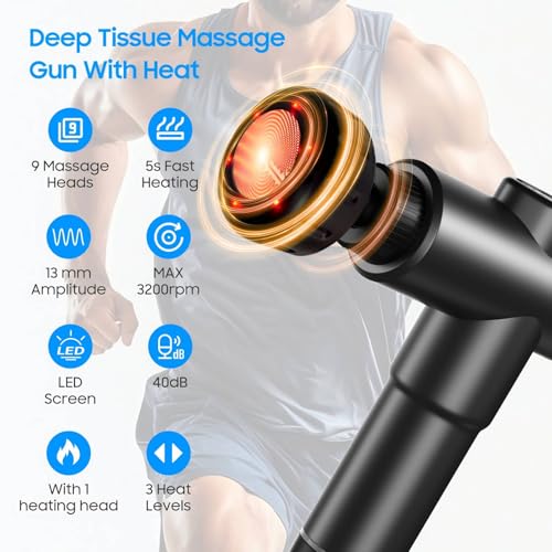 JOYSUWERUN Massage Gun – Deep Tissue Muscle Massager for Pain Relief & Recovery, Massage Gun with Heat, 9 Massage Heads, C...