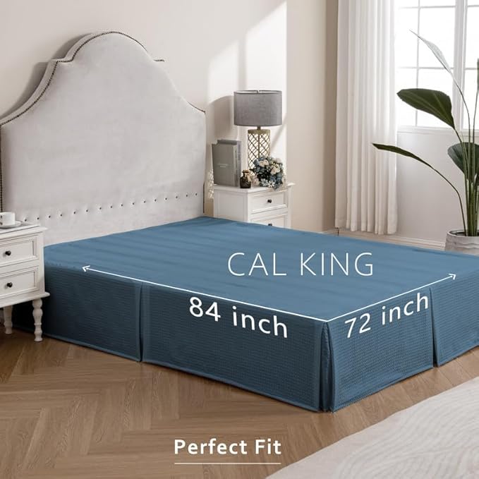 MIYE Pleated Waffle Weave Bed Skirt, Tailored Dust Ruffle 22 Inch Drop Easy Fit, Machine Washable (Blue,Cal King - 22" Drop)
