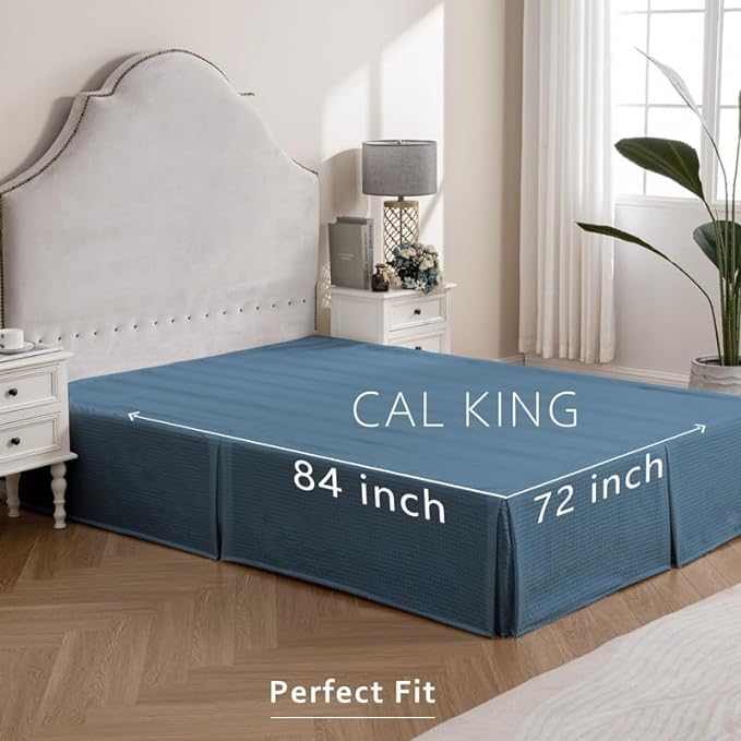 MIYE Pleated Waffle Weave Bed Skirt, Tailored Dust Ruffle 14 Inch Drop Easy Fit, Machine Washable (Blue,Cal King - 14" Drop)