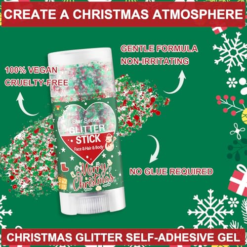 Christmas Body Glitter Stick, Waterproof Halloween Face Glitter Gel, Chunky Glitter Face Paint, Green Red White Sequin Hai...