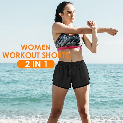 Yevrimow Women's 2 in 1 Running Shorts for Gym Yoga Workout Athletic Shorts High-Waisted Shorts with Liner Pockets