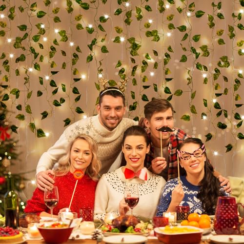 CEWOR 14 Pack 98ft Fake Ivy Vines, Artificial Ivy Garland with 100 LED String Lights, Hanging Plants Greenery Backdrop Gre...